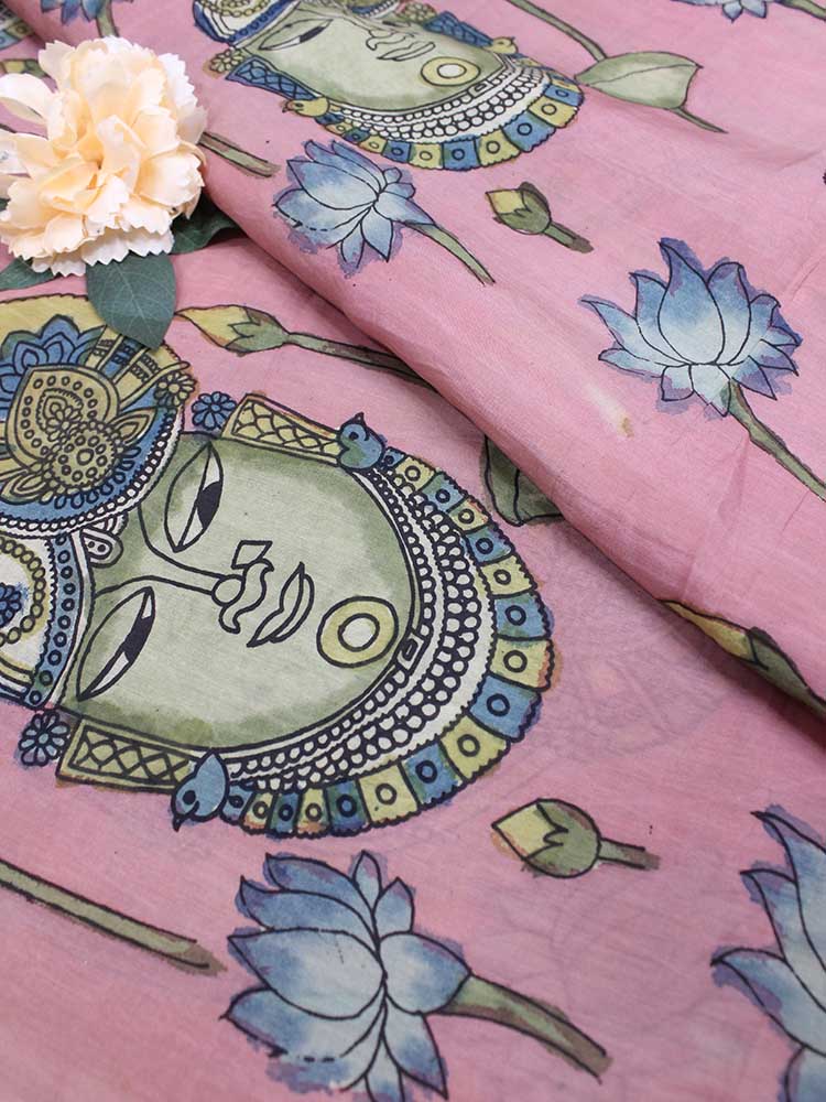 Pink Pen Kalamkari Pure Silk Fabric (1.75 Mtr ) - Luxurion World