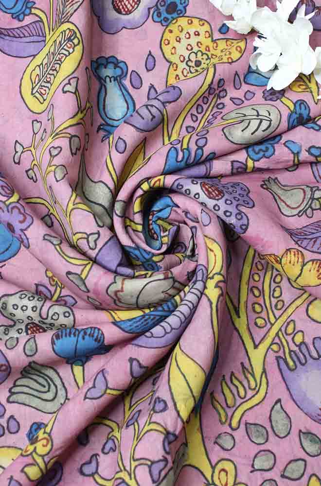 Pink Pen Kalamkari Pure Silk Fabric (1 Mtr )