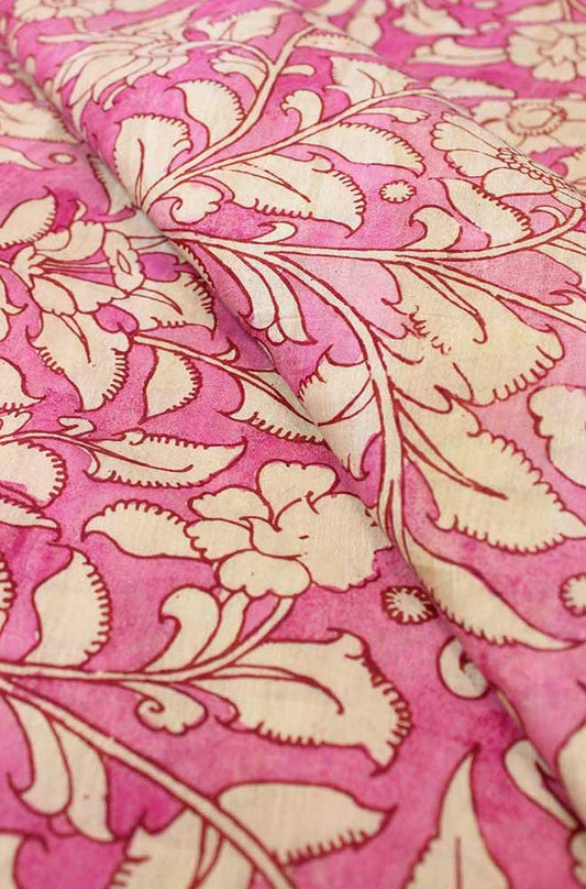 Pink Pen Kalamkari Pure Silk Fabric ( 1 Mtr ) - Luxurion World