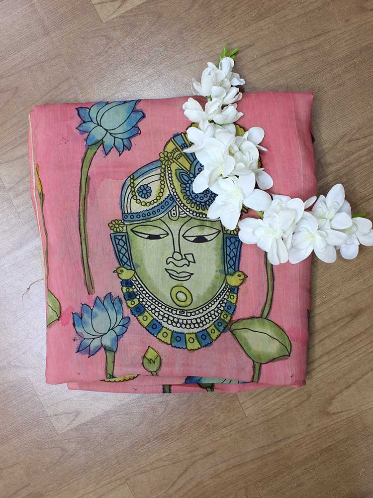 Pink Pen Kalamkari Pure Silk Fabric (1.75 Mtr ) - Luxurion World