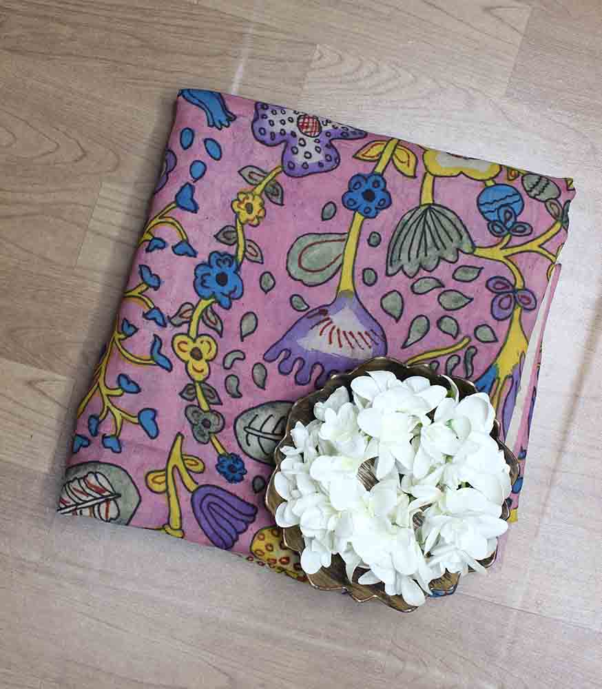 Pink Pen Kalamkari Pure Silk Fabric (1 Mtr ) - Luxurion World