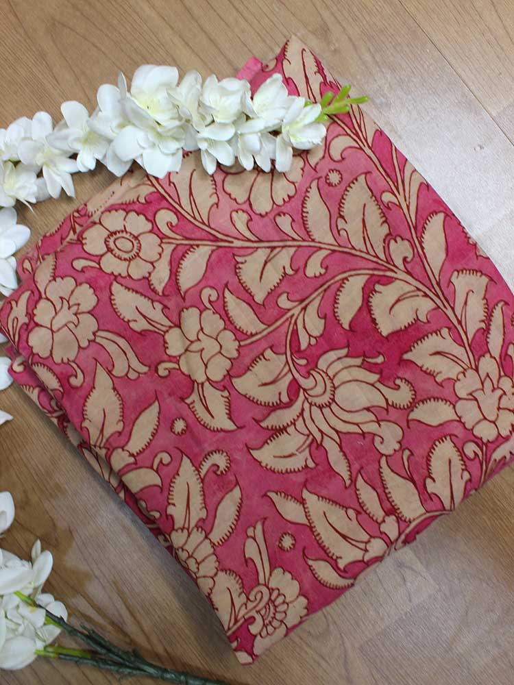 Pink Pen Kalamkari Pure Silk Fabric ( 1 Mtr ) - Luxurion World