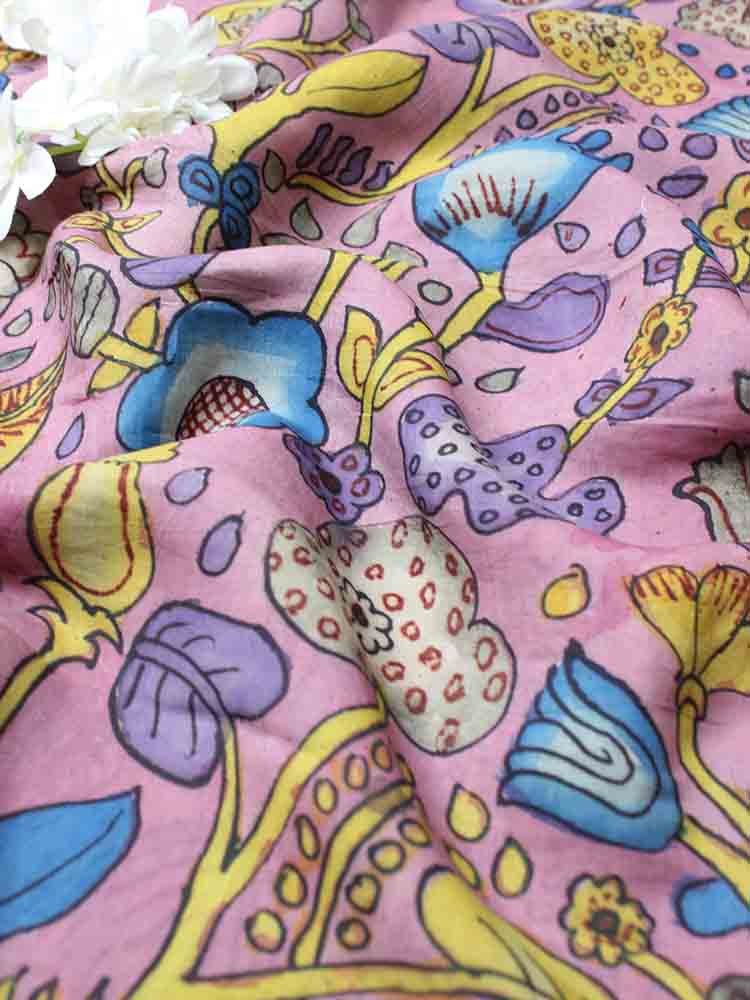 Pink Pen Kalamkari Pure Silk Fabric (1 Mtr ) - Luxurion World