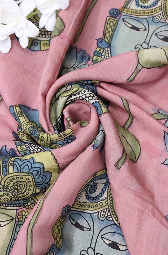 Pink Pen Kalamkari Pure Silk Fabric (1.75 Mtr ) - Luxurion World