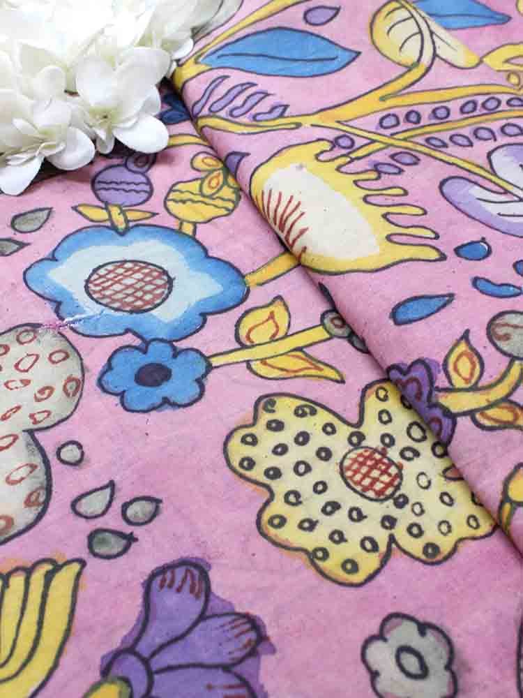 Pink Pen Kalamkari Pure Silk Fabric (1 Mtr ) - Luxurion World