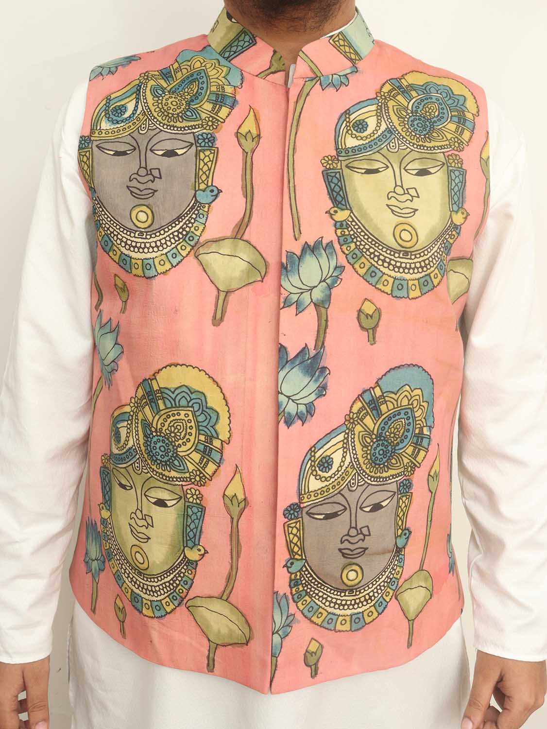 Pink Pen Kalamkari Pure Silk Nehru Jacket - Luxurion World