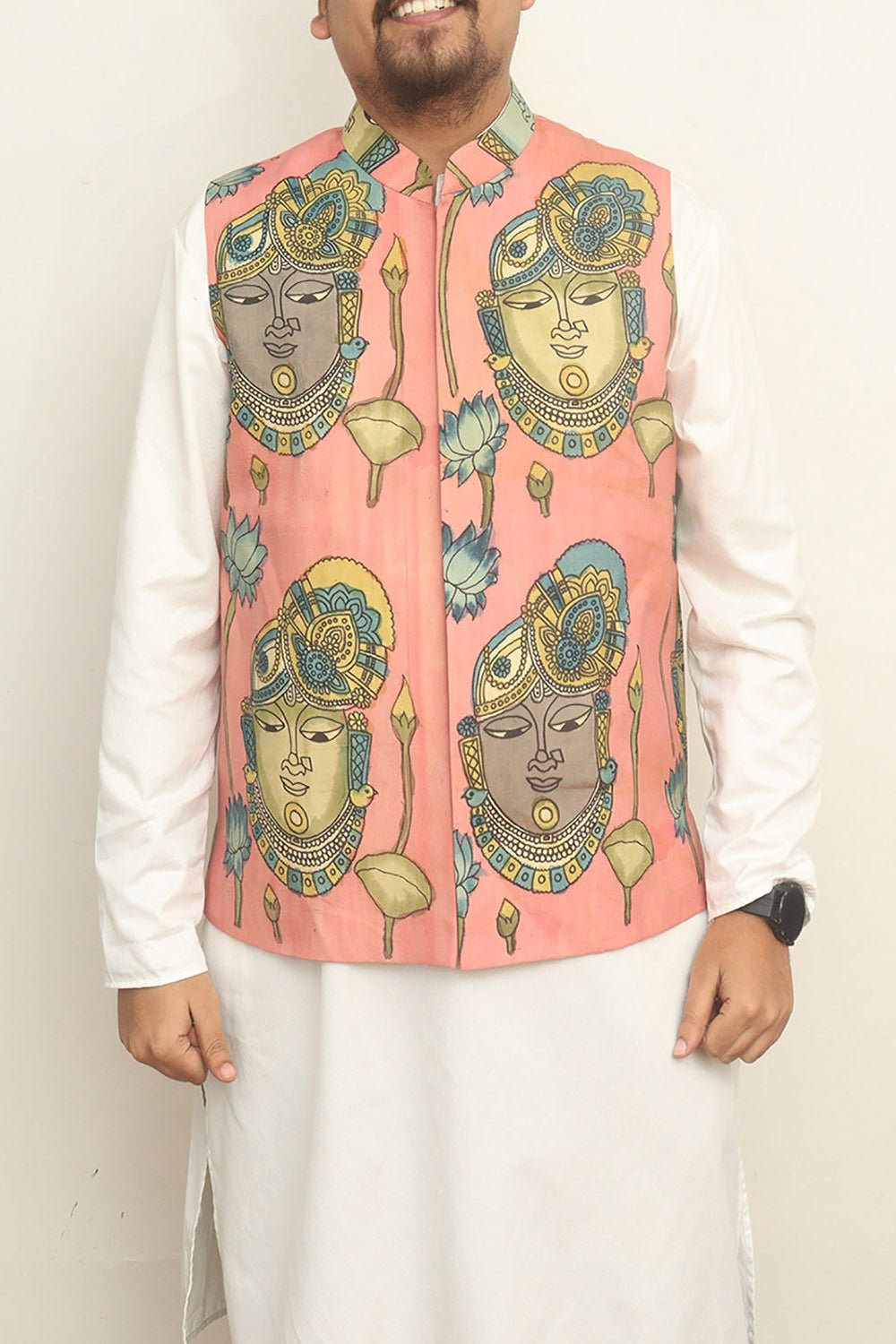Pink Pen Kalamkari Pure Silk Nehru Jacket - Luxurion World