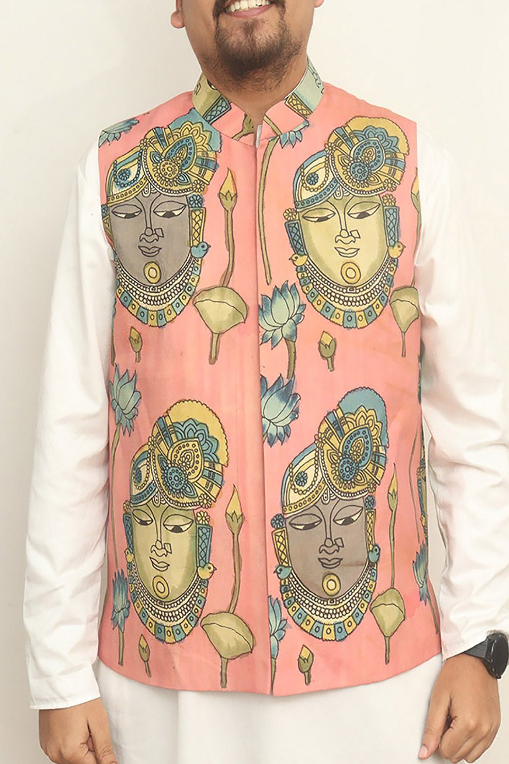 Pink Pen Kalamkari Pure Silk Nehru Jacket - Luxurion World