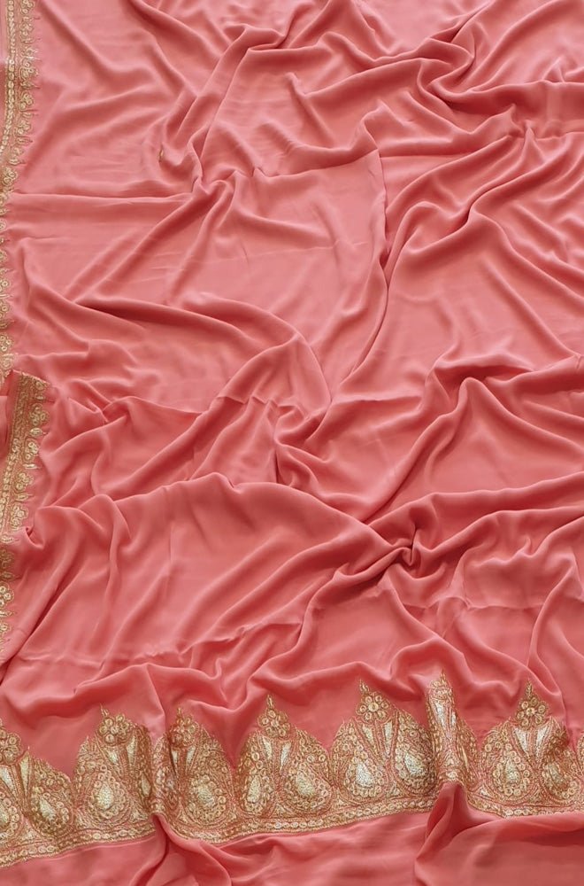 Pink Plain Embroidered Kashmiri Tila Work Crepe Saree - Luxurion World