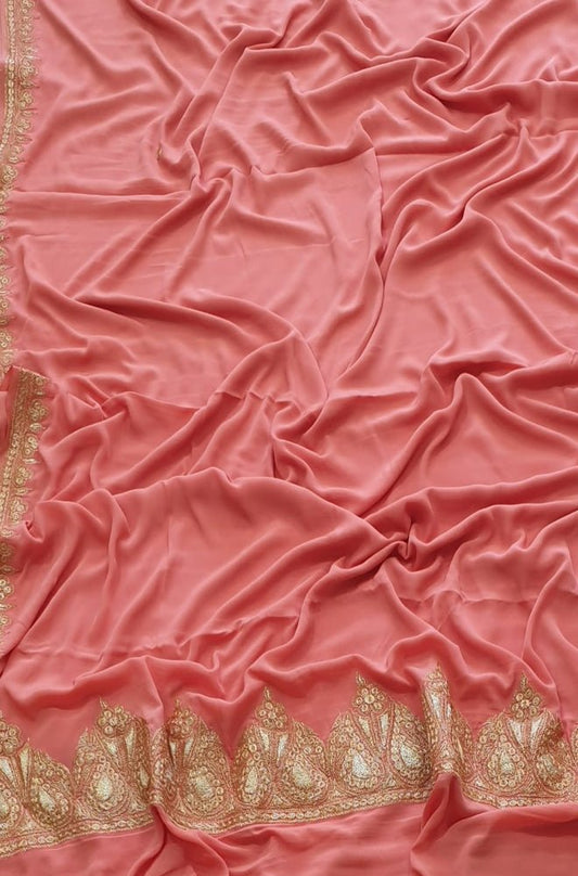 Pink Plain Embroidered Kashmiri Tila Work Crepe Saree - Luxurion World