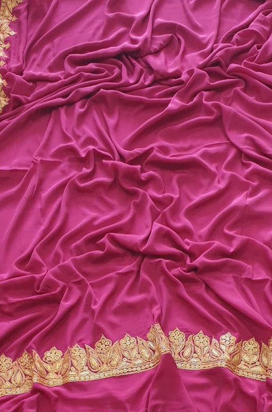 Pink Plain Embroidered Kashmiri Tila Work Crepe Saree - Luxurion World