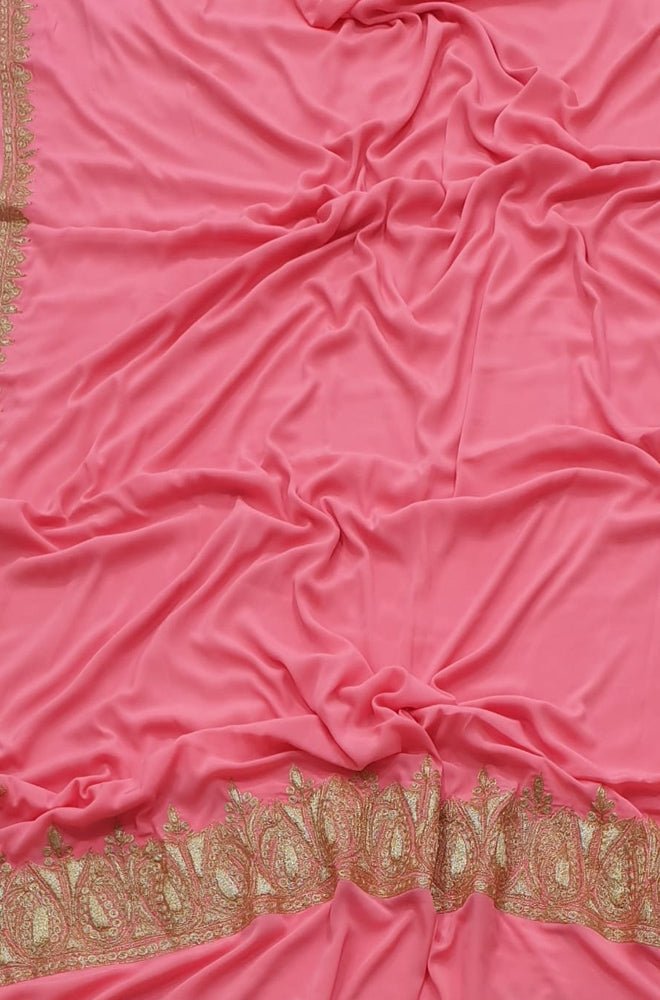 Pink Plain Embroidered Kashmiri Tila Work Crepe Saree - Luxurionworld