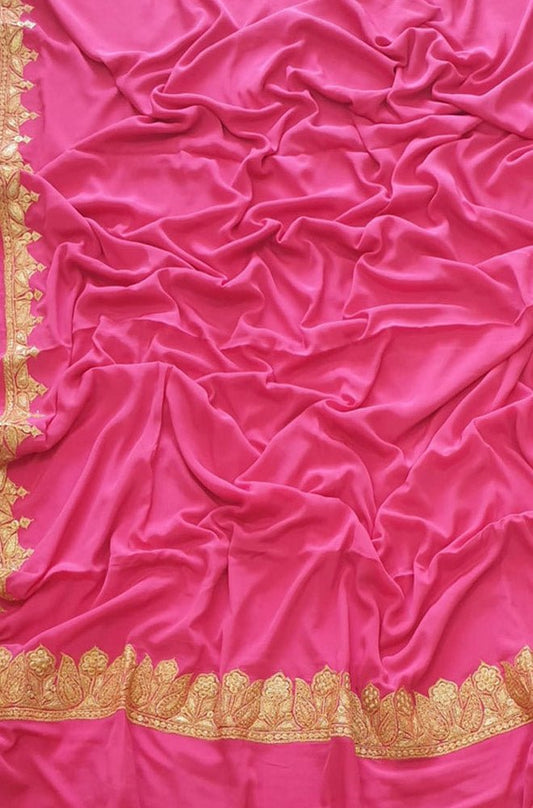 Pink Plain Embroidered Kashmiri Tila Work Crepe Saree - Luxurion World
