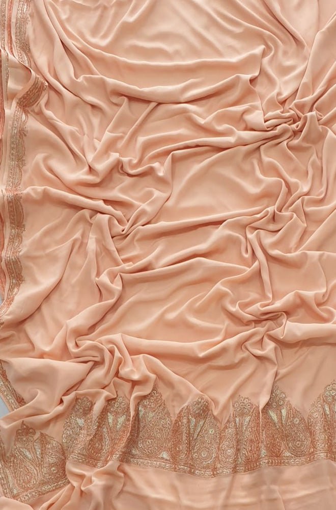 Pink Plain Embroidered Kashmiri Tila Work Crepe Saree - Luxurion World