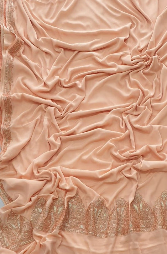 Pink Plain Embroidered Kashmiri Tila Work Crepe Saree - Luxurion World