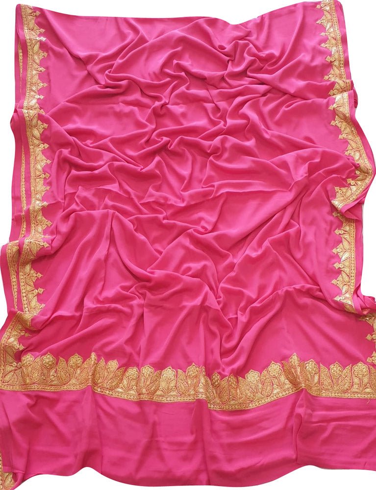 Pink Plain Embroidered Kashmiri Tila Work Crepe Saree