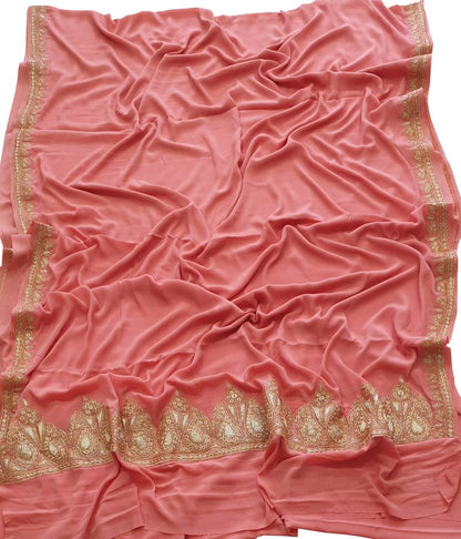 Pink Plain Embroidered Kashmiri Tila Work Crepe Saree - Luxurion World