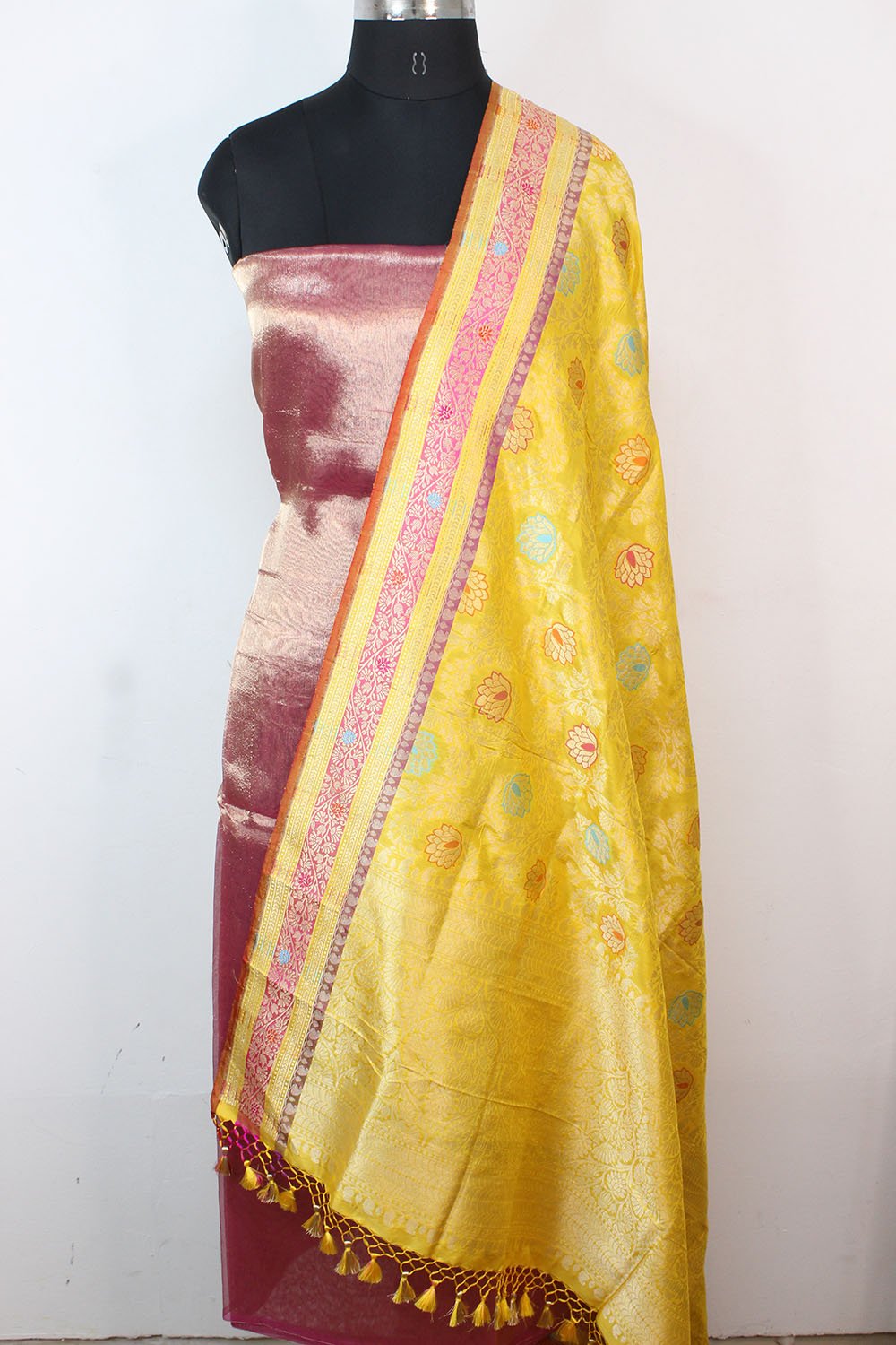 Pink Plain Handloom Banarasi Tissue Silk Suit With Yellow Handloom Banarasi Pure Katan Silk Meenakari Dupatta - Luxurion World