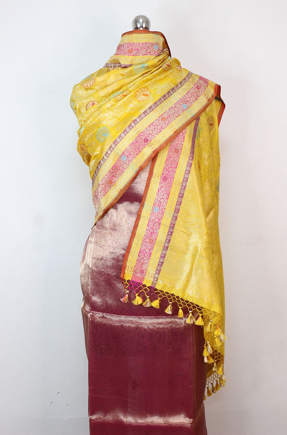 Pink Plain Handloom Banarasi Tissue Silk Suit With Yellow Handloom Banarasi Pure Katan Silk Meenakari Dupatta - Luxurion World