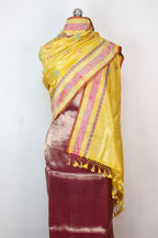 Pink Plain Handloom Banarasi Tissue Silk Suit With Yellow Handloom Banarasi Pure Katan Silk Meenakari Dupatta - Luxurion World