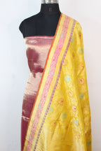 Pink Plain Handloom Banarasi Tissue Silk Suit With Yellow Handloom Banarasi Pure Katan Silk Meenakari Dupatta - Luxurion World