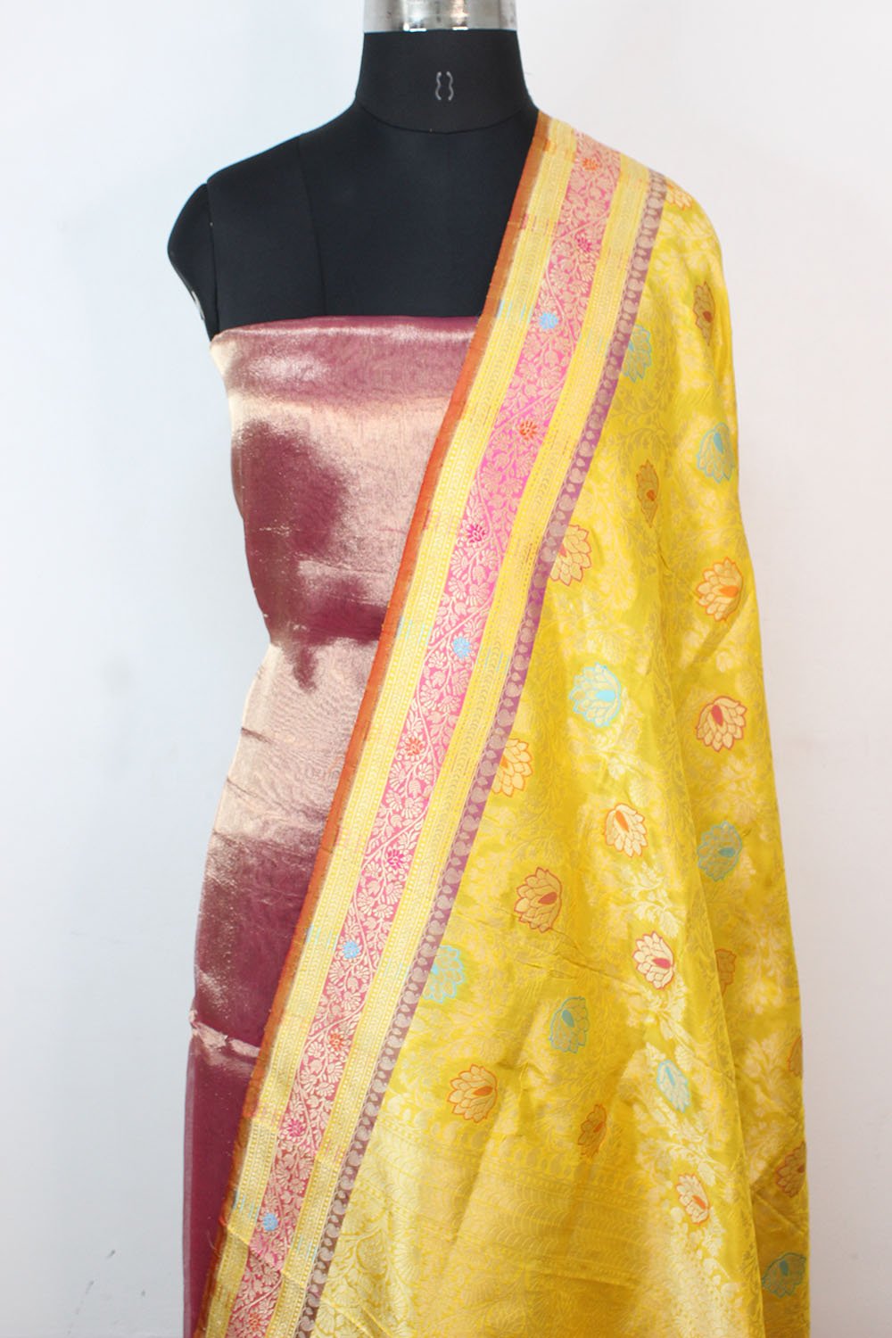 Pink Plain Handloom Banarasi Tissue Silk Suit With Yellow Handloom Banarasi Pure Katan Silk Meenakari Dupatta - Luxurion World