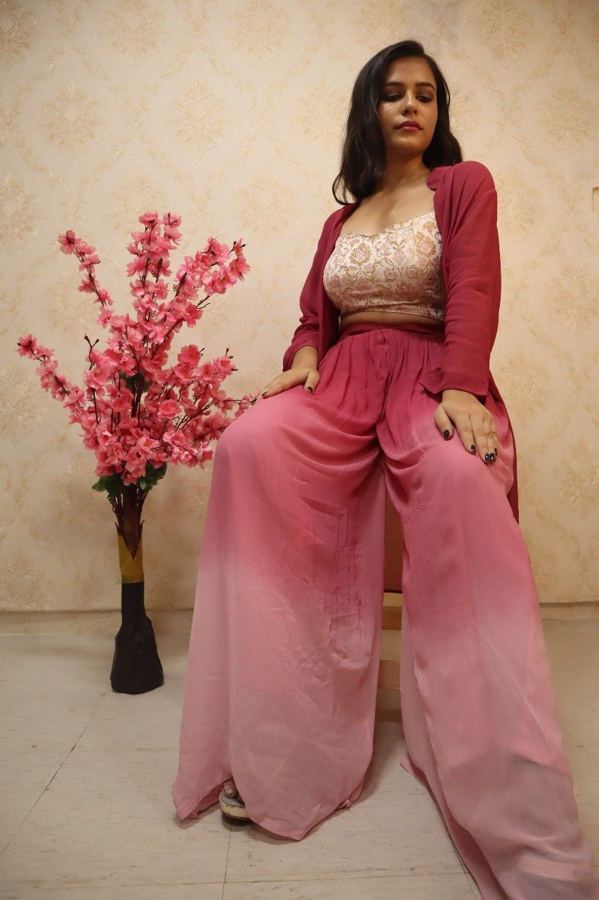 Pink Pure Georgette Jacket And Shaded Palazzo With Kimkhwab Top - Luxurion World