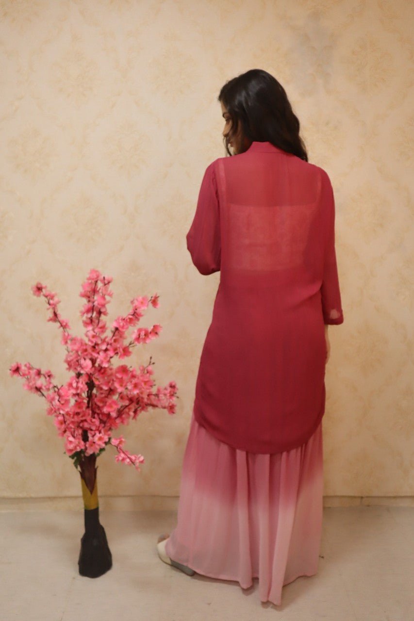 Pink Pure Georgette Jacket And Shaded Palazzo With Kimkhwab Top - Luxurion World