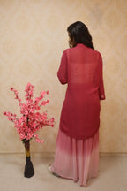 Pink Pure Georgette Jacket And Shaded Palazzo With Kimkhwab Top - Luxurion World