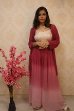 Pink Pure Georgette Jacket And Shaded Palazzo With Kimkhwab Top - Luxurion World