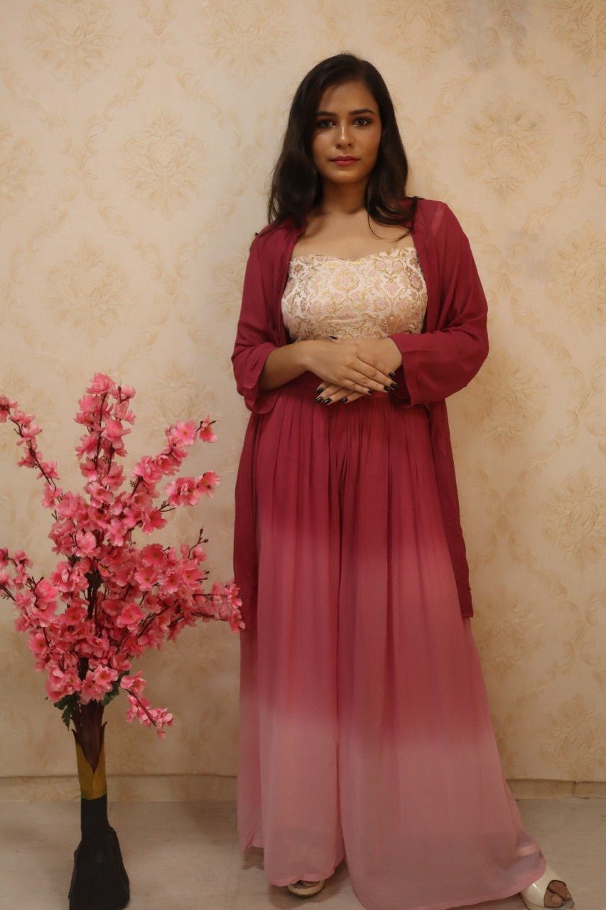 Pink Pure Georgette Jacket And Shaded Palazzo With Kimkhwab Top - Luxurion World