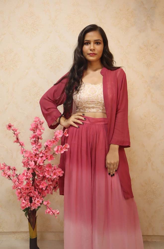 Pink Pure Georgette Jacket And Shaded Palazzo With Kimkhwab Top - Luxurion World