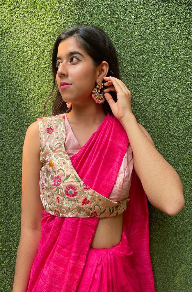 Peach Pink Pure Silk Non Padded KimKhwab Overlay Design Blouse - Luxurion World