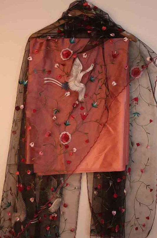 Pink Pure Silk Three Piece Unstitched Suit Set With Parsi Embroidered Convent Work Net Dupatta - Luxurion World