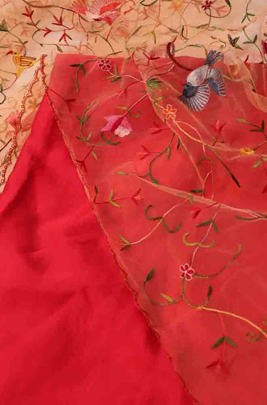 Pink Pure Silk Three Piece Unstitched Suit Set With Parsi Embroidered Convent Work Net Dupatta