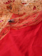 Pink Pure Silk Three Piece Unstitched Suit Set With Parsi Embroidered Convent Work Net Dupatta - Luxurion World