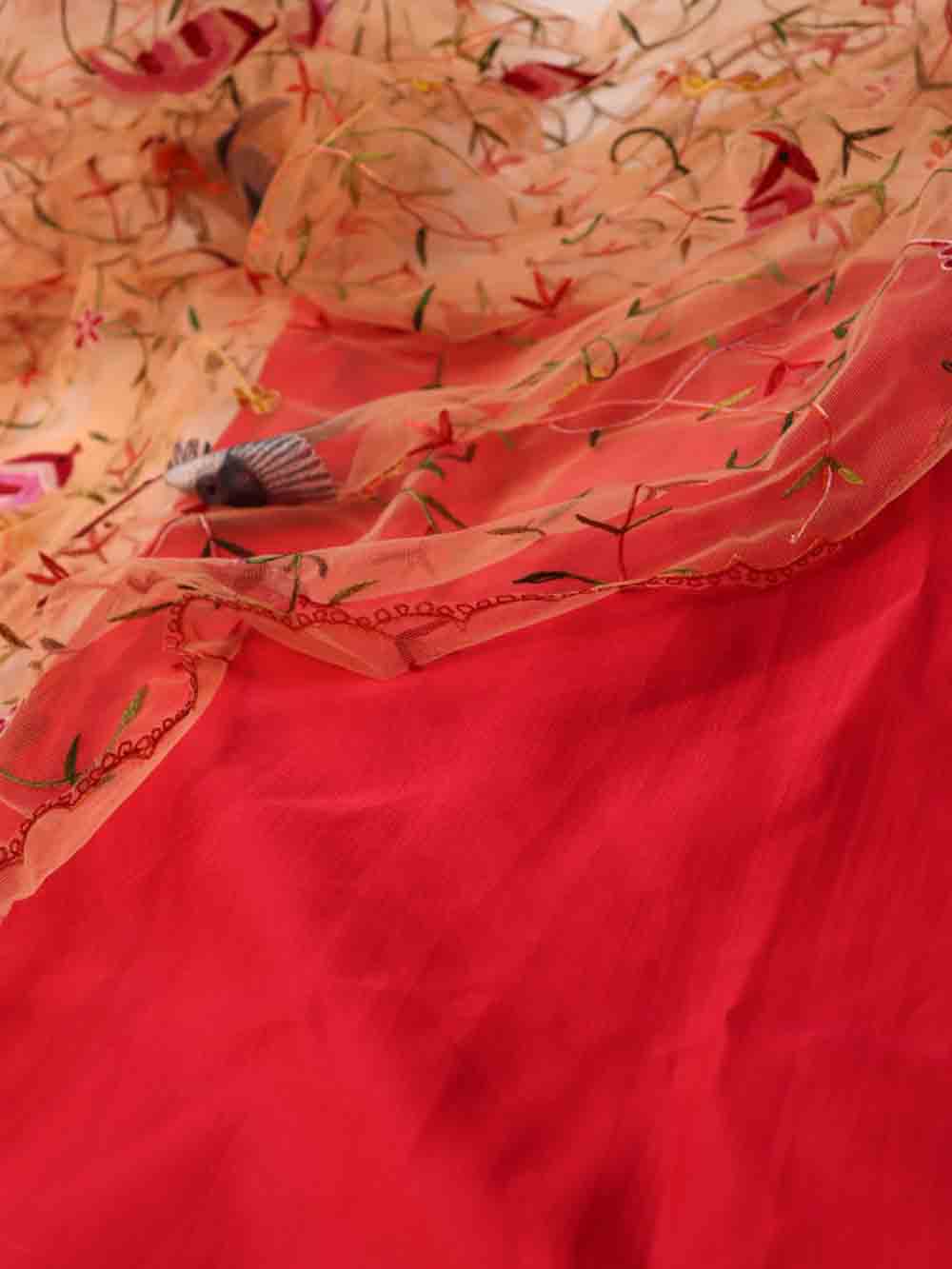 Pink Pure Silk Three Piece Unstitched Suit Set With Parsi Embroidered Convent Work Net Dupatta - Luxurion World