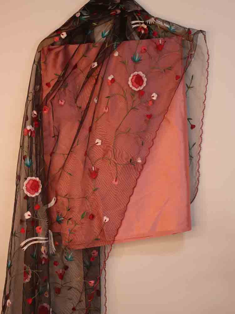 Pink Pure Silk Three Piece Unstitched Suit Set With Parsi Embroidered Convent Work Net Dupatta - Luxurion World