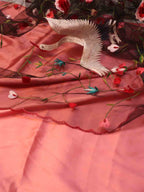 Pink Pure Silk Three Piece Unstitched Suit Set With Parsi Embroidered Convent Work Net Dupatta - Luxurion World