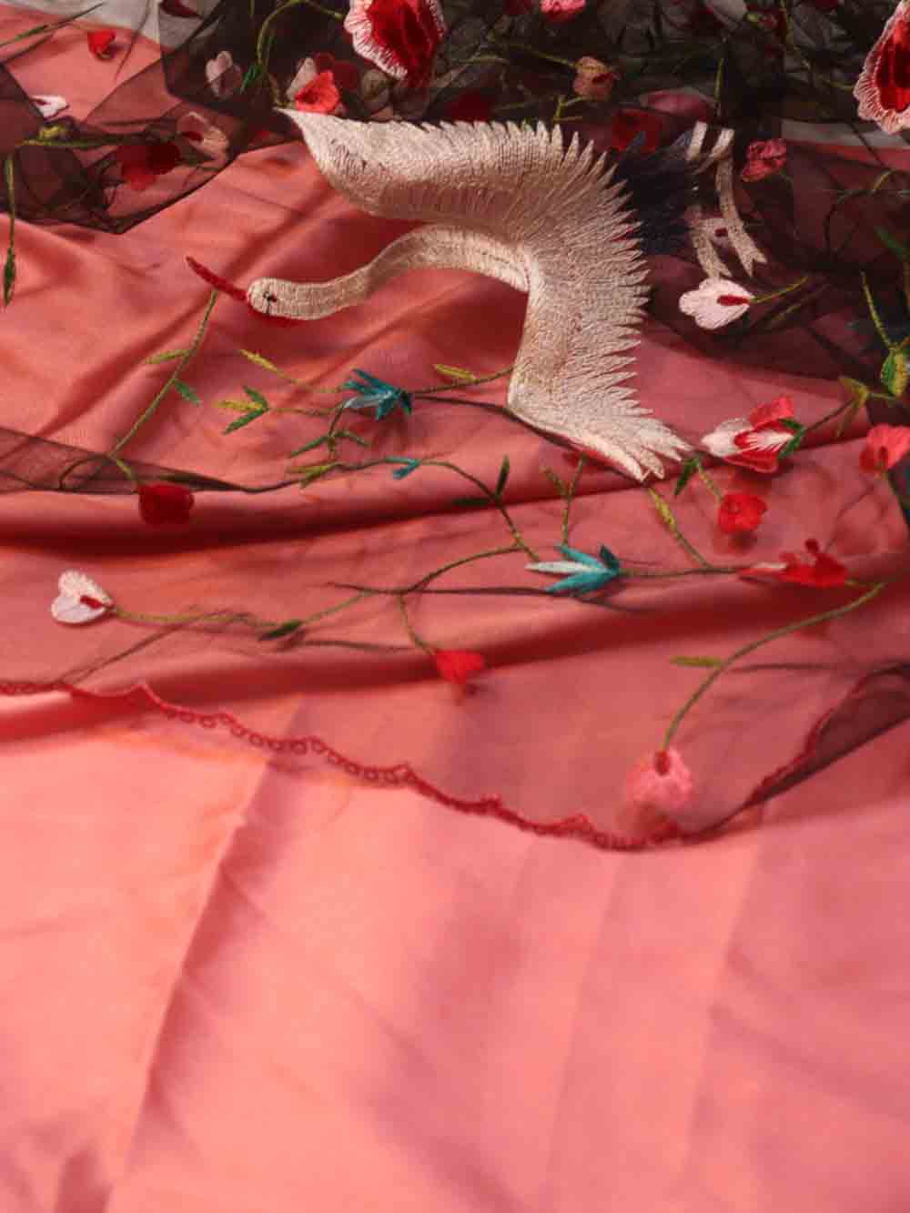 Pink Pure Silk Three Piece Unstitched Suit Set With Parsi Embroidered Convent Work Net Dupatta - Luxurion World