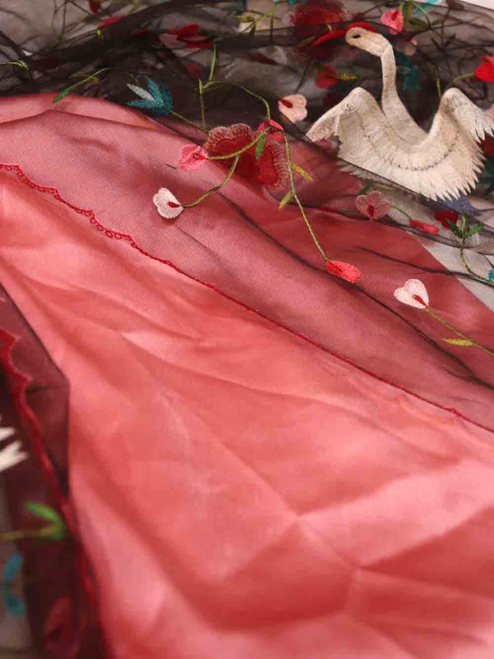 Pink Pure Silk Three Piece Unstitched Suit Set With Parsi Embroidered Convent Work Net Dupatta - Luxurion World