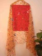 Pink Pure Silk Three Piece Unstitched Suit Set With Parsi Embroidered Convent Work Net Dupatta - Luxurion World