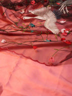 Pink Pure Silk Three Piece Unstitched Suit Set With Parsi Embroidered Convent Work Net Dupatta - Luxurion World