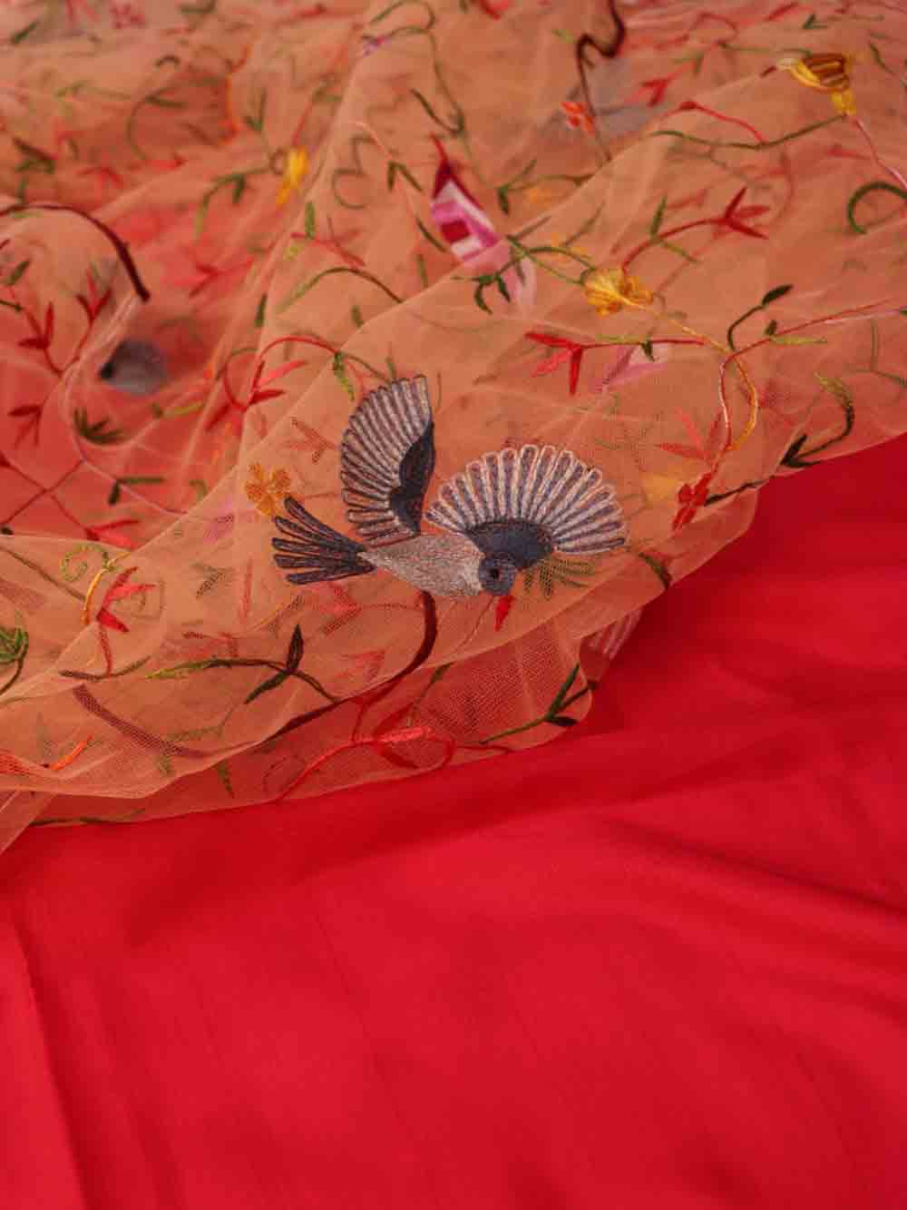Pink Pure Silk Three Piece Unstitched Suit Set With Parsi Embroidered Convent Work Net Dupatta - Luxurion World