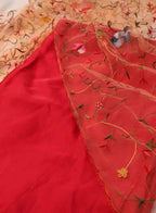 Pink Pure Silk Three Piece Unstitched Suit Set With Parsi Embroidered Convent Work Net Dupatta - Luxurion World