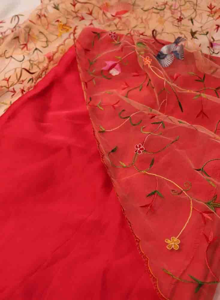Pink Pure Silk Three Piece Unstitched Suit Set With Parsi Embroidered Convent Work Net Dupatta - Luxurion World