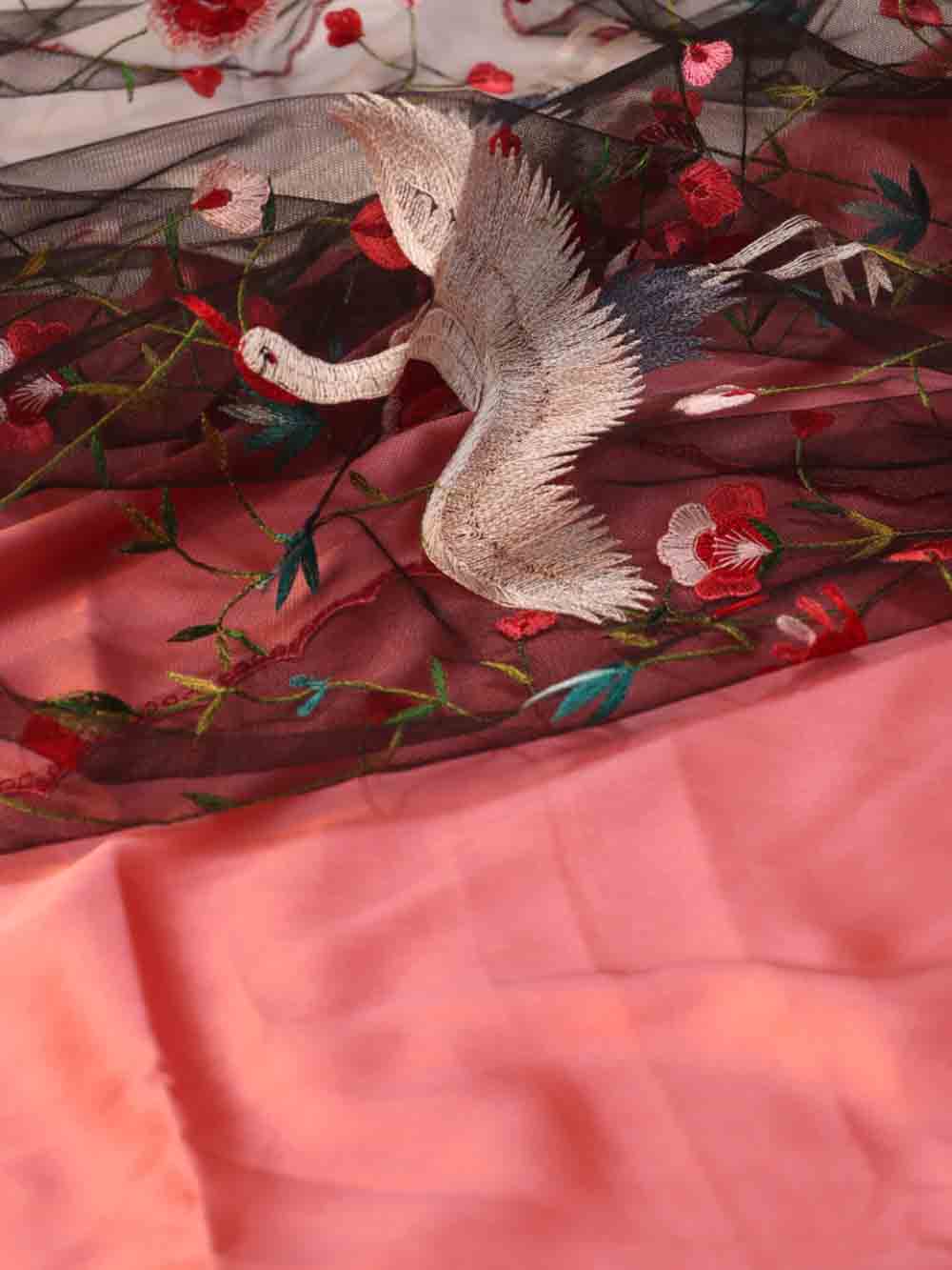 Pink Pure Silk Three Piece Unstitched Suit Set With Parsi Embroidered Convent Work Net Dupatta - Luxurion World
