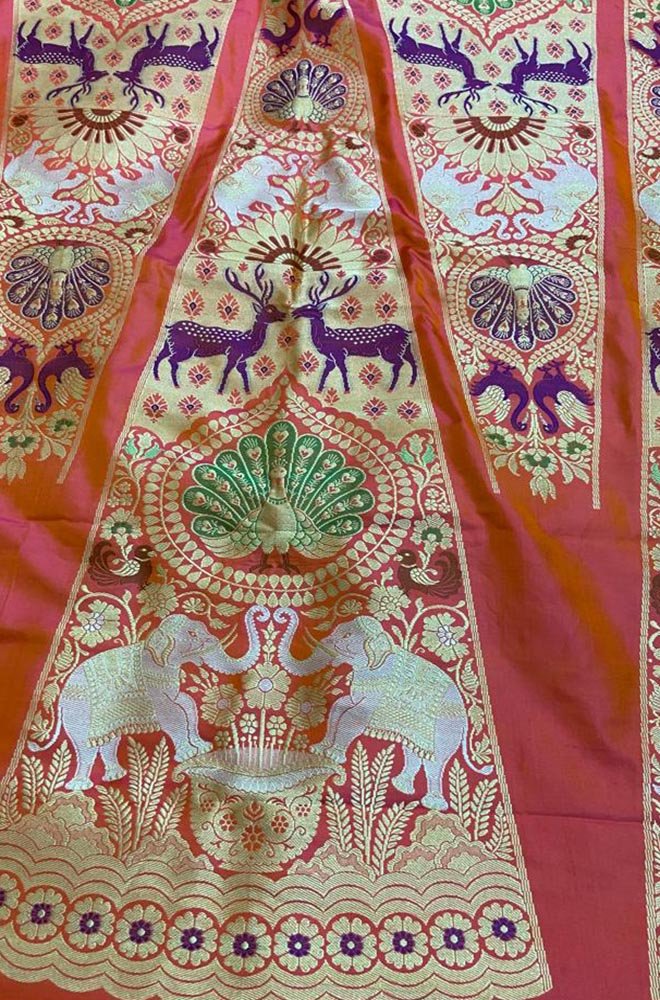 Pink Shot Banarasi Pure Katan Silk Unstitched Lehenga Set - Luxurion World