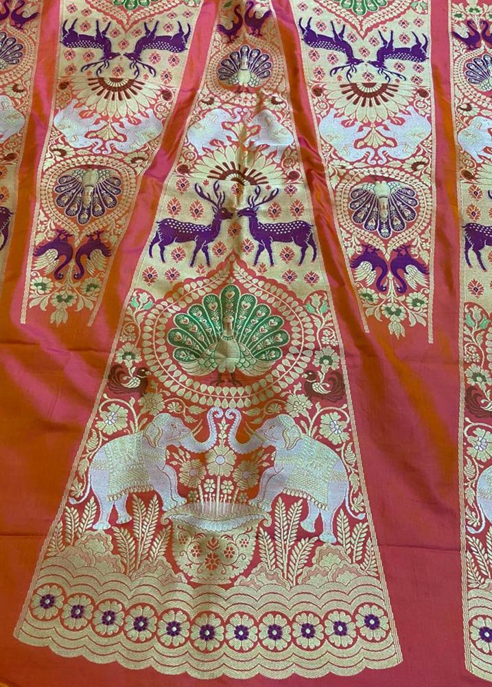 Pink Shot Banarasi Pure Katan Silk Unstitched Lehenga Set - Luxurion World
