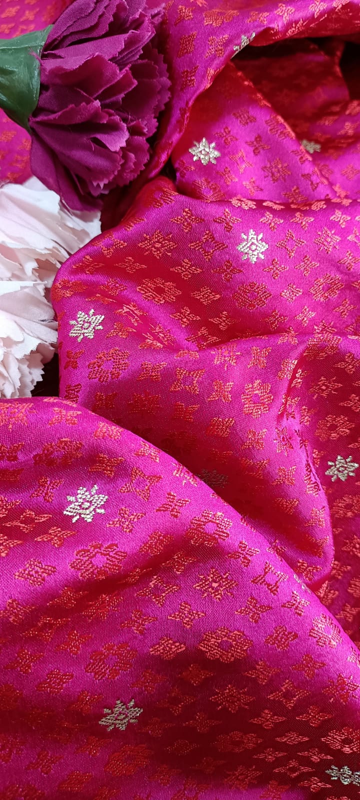 Pink Shot Handloom Banarasi Silk Tanchui Fabric (1 Mtr ) - Luxurion World